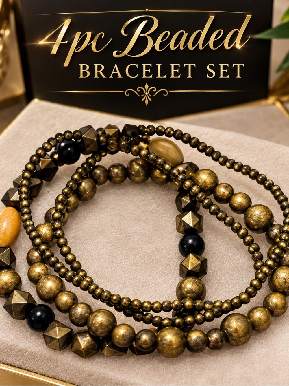 4-Piece Beaded Bracelet Set – Metallic Bronze and Black